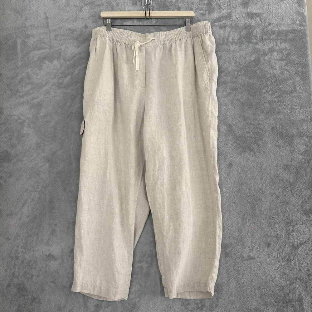 Talbots Linen Crop Pants Womens 2X Oatmeal Pull On Cargo Drawstring